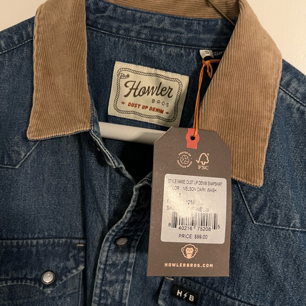 Howler Brothers Blue Denim Button Down Shirt with Tan Collar - Picture 3 of 4